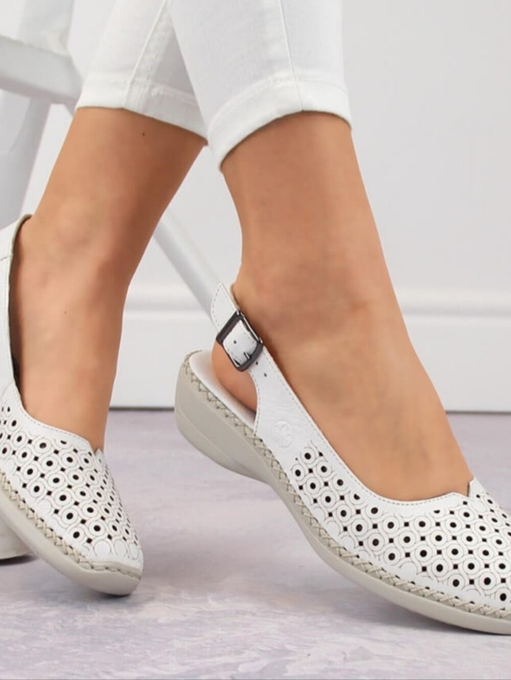 Rieker Antistress White Perforated Leather Slingback Wedge Shoes - Size 38